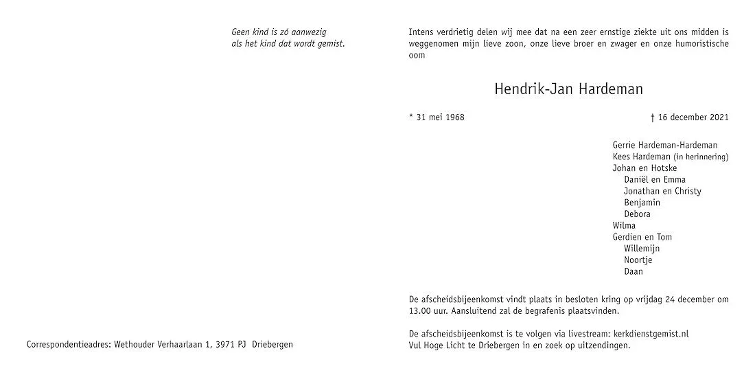 Overlijdensbericht 2 Rouwkaart Hendrik Jan - Daltosite